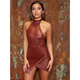 Asymmetrical Hem Open Back PU Leather Bodycon Dress