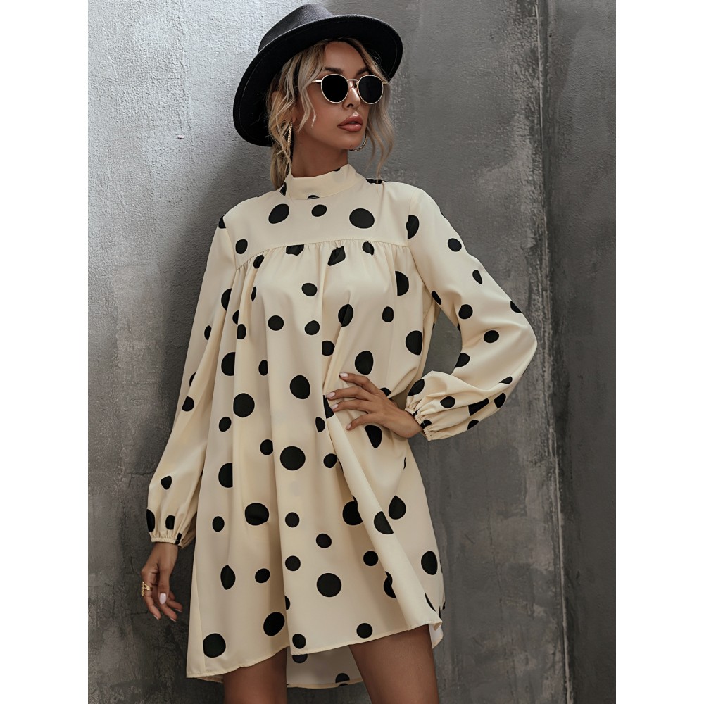 Polka Dot Tie Back Bishop Sleeve Babydoll Dress