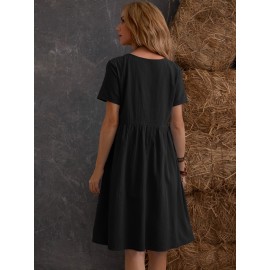 Dual Pocket Solid Smock Dress