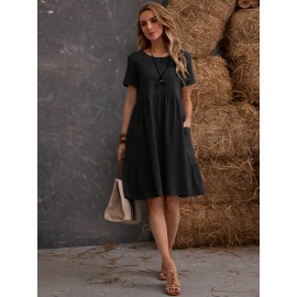 Dual Pocket Solid Smock Dress