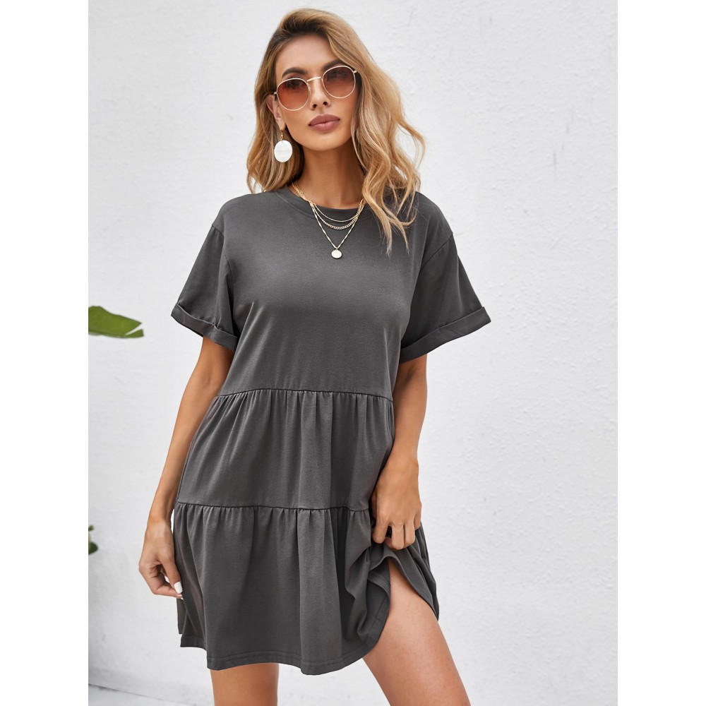 Rolled Cuff Ruffle Hem Babydoll Dress