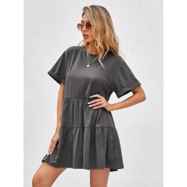 Rolled Cuff Ruffle Hem Babydoll Dress