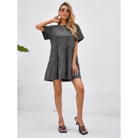 Rolled Cuff Ruffle Hem Babydoll Dress