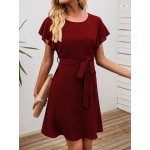 Solid Butterfly Sleeve Belted Tunic Dress