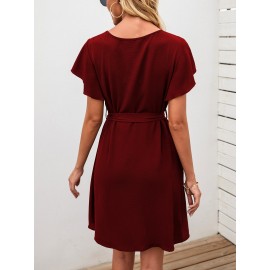 Solid Butterfly Sleeve Belted Tunic Dress