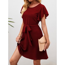 Solid Butterfly Sleeve Belted Tunic Dress