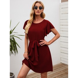 Solid Butterfly Sleeve Belted Tunic Dress