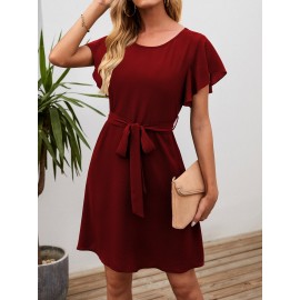 Solid Butterfly Sleeve Belted Tunic Dress