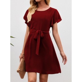 Solid Butterfly Sleeve Belted Tunic Dress