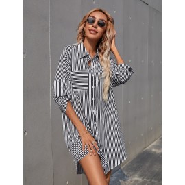 Striped Roll Up Sleeve Shirt Dress