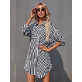 Striped Roll Up Sleeve Shirt Dress