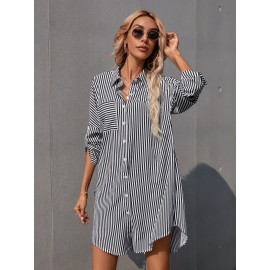 Striped Roll Up Sleeve Shirt Dress