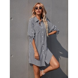 Striped Roll Up Sleeve Shirt Dress