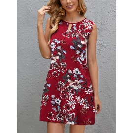 Floral Print Keyhole Neck Scallop Trim Dress