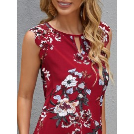 Floral Print Keyhole Neck Scallop Trim Dress