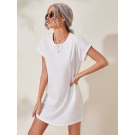 Rolled Cuff Solid Tee Dress