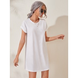 Rolled Cuff Solid Tee Dress