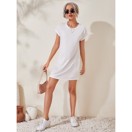 Rolled Cuff Solid Tee Dress