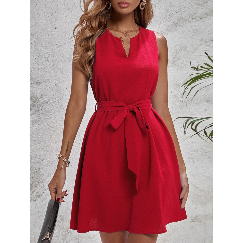 Solid Notch Neck Belted Sleeveless Dress