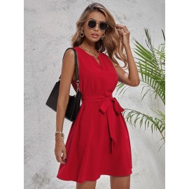 Solid Notch Neck Belted Sleeveless Dress