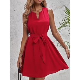 Solid Notch Neck Belted Sleeveless Dress