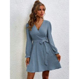 Surplice Neck Belted Lantern Sleeve Dress