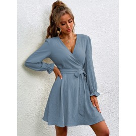 Surplice Neck Belted Lantern Sleeve Dress