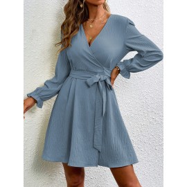 Surplice Neck Belted Lantern Sleeve Dress