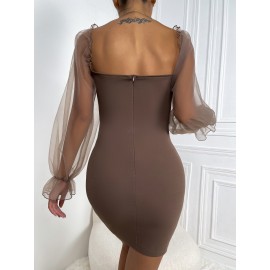 Sweetheart Neck Flounce Sleeve Bodycon Dress