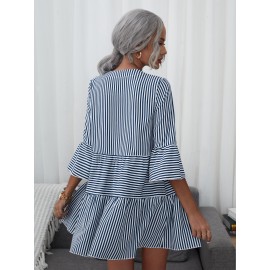 Striped Single Button Front Flounce Hem Dress