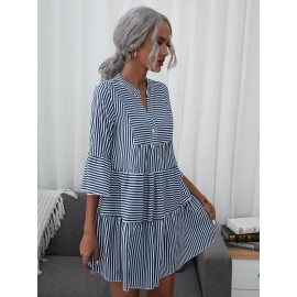 Striped Single Button Front Flounce Hem Dress