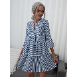 Striped Single Button Front Flounce Hem Dress