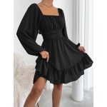 Knot Back Lantern Sleeve Ruffle Hem Dress