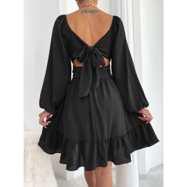 Knot Back Lantern Sleeve Ruffle Hem Dress