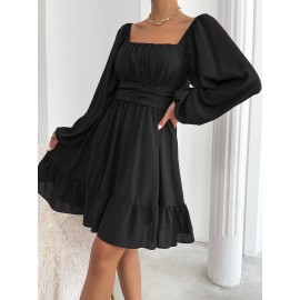 Knot Back Lantern Sleeve Ruffle Hem Dress