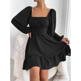 Knot Back Lantern Sleeve Ruffle Hem Dress