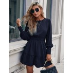 Solid Keyhole Back Ruffle Hem Button Detail Dress