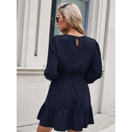 Solid Keyhole Back Ruffle Hem Button Detail Dress