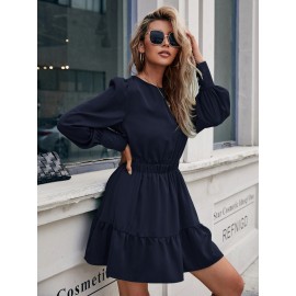 Solid Keyhole Back Ruffle Hem Button Detail Dress