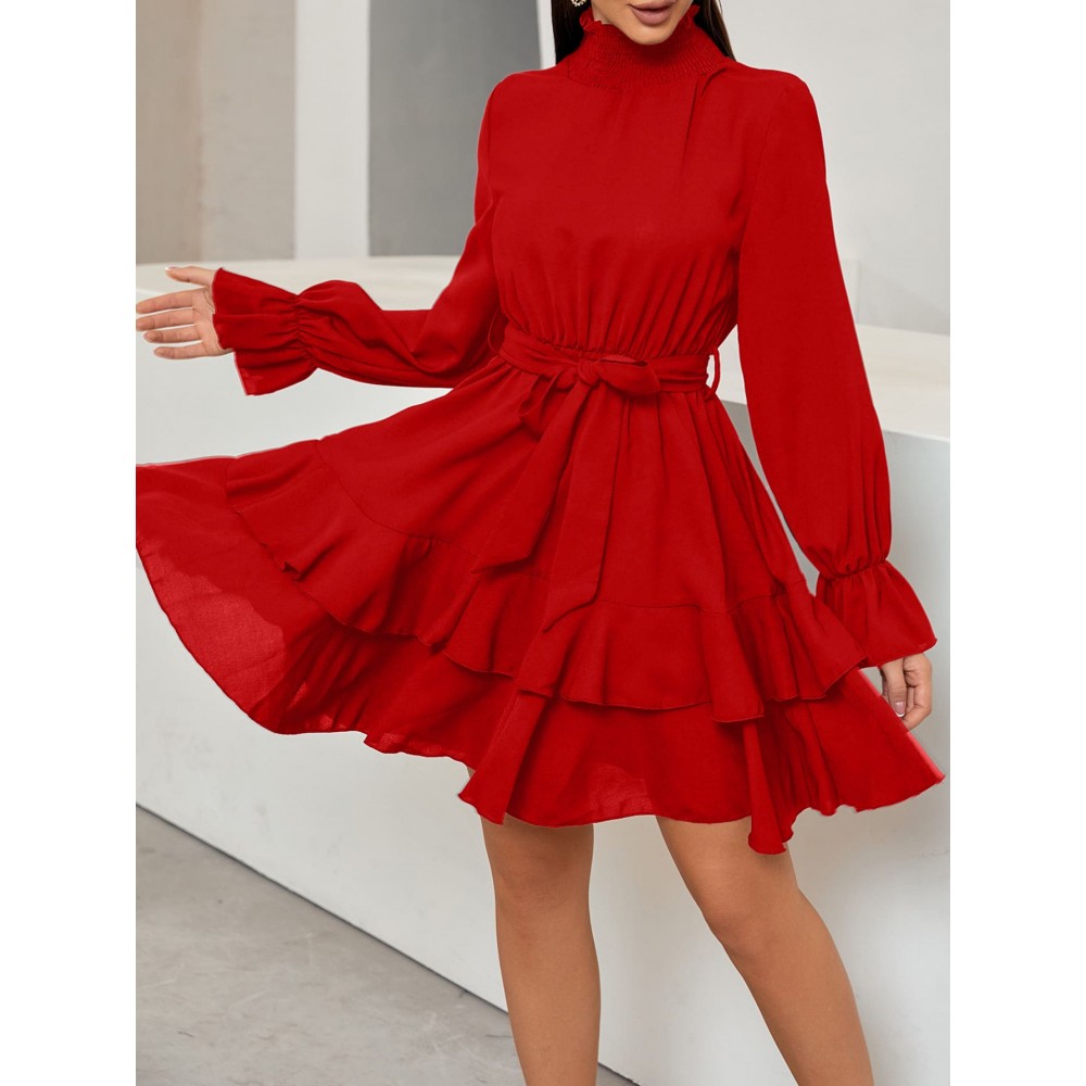 Flounce Sleeve Shirred Neck Ruffle Hem Belted Dress