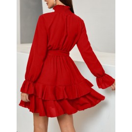 Flounce Sleeve Shirred Neck Ruffle Hem Belted Dress