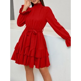 Flounce Sleeve Shirred Neck Ruffle Hem Belted Dress