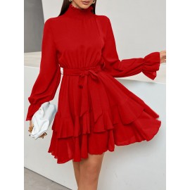 Flounce Sleeve Shirred Neck Ruffle Hem Belted Dress