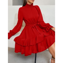 Flounce Sleeve Shirred Neck Ruffle Hem Belted Dress