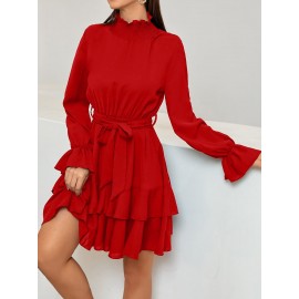 Flounce Sleeve Shirred Neck Ruffle Hem Belted Dress