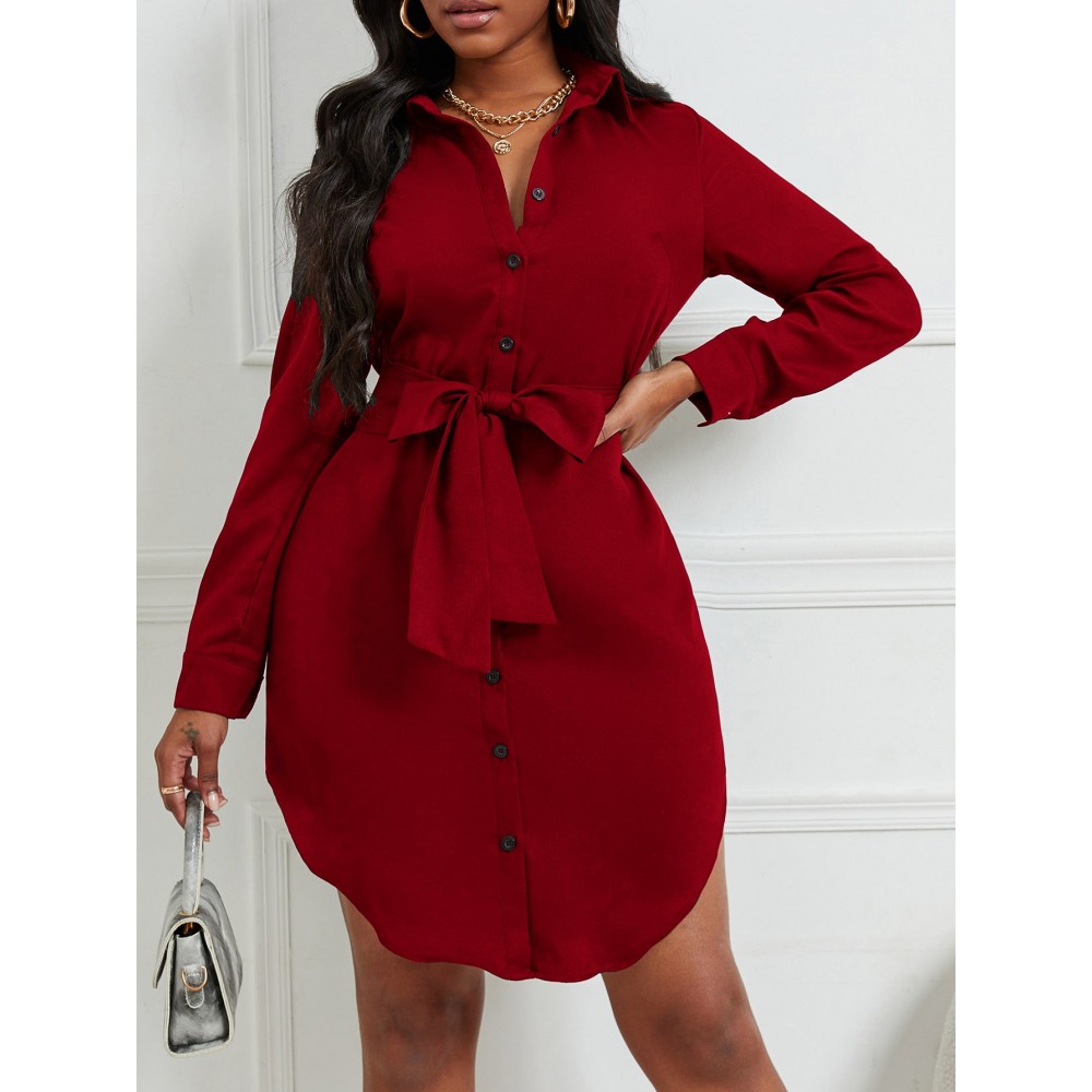 Curved Hem Belted Shirt Dress