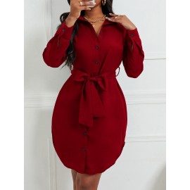 Curved Hem Belted Shirt Dress