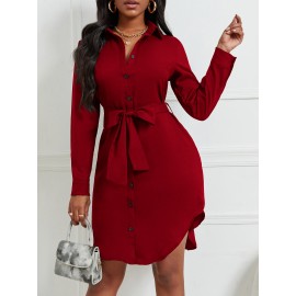 Curved Hem Belted Shirt Dress