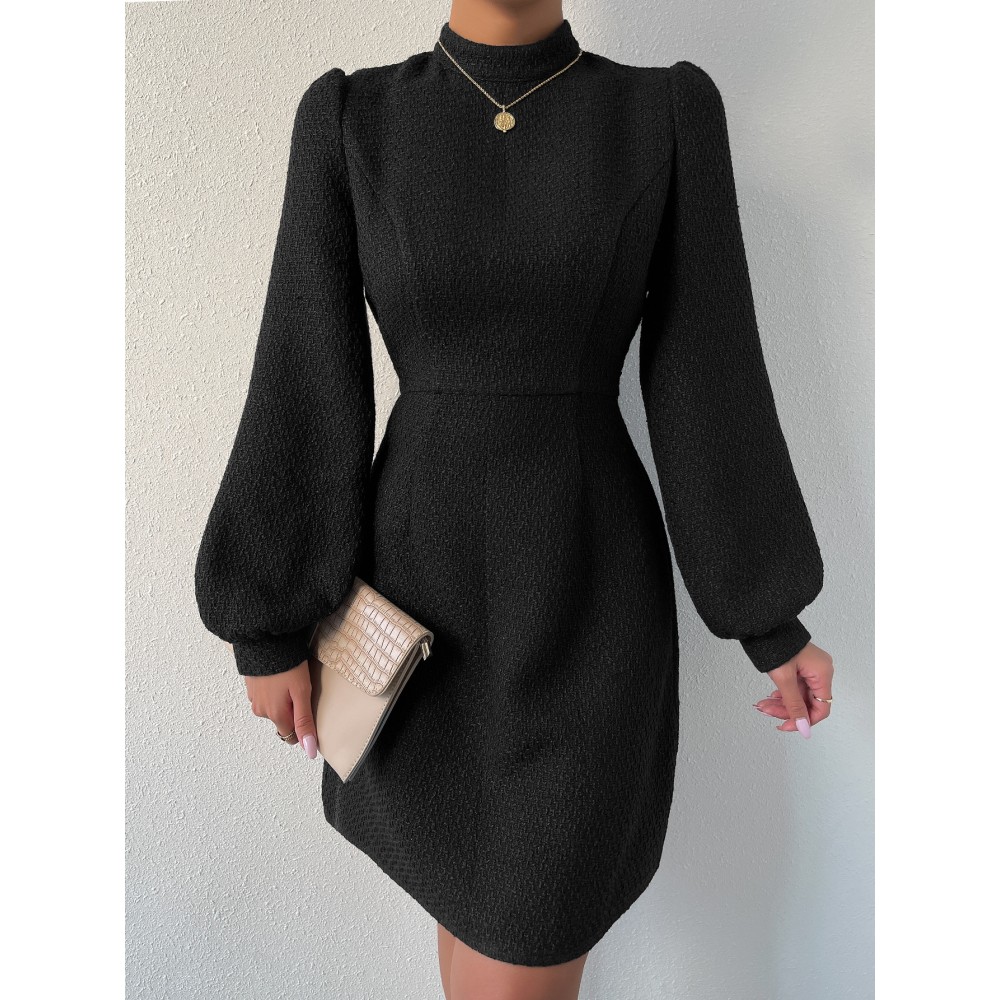 Lantern Sleeve Mock Neck Tweed Dress