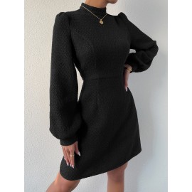 Lantern Sleeve Mock Neck Tweed Dress